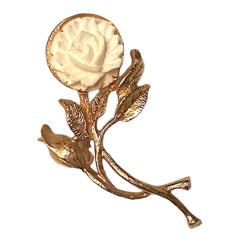 Vintage Carved Rose Brooch Gold